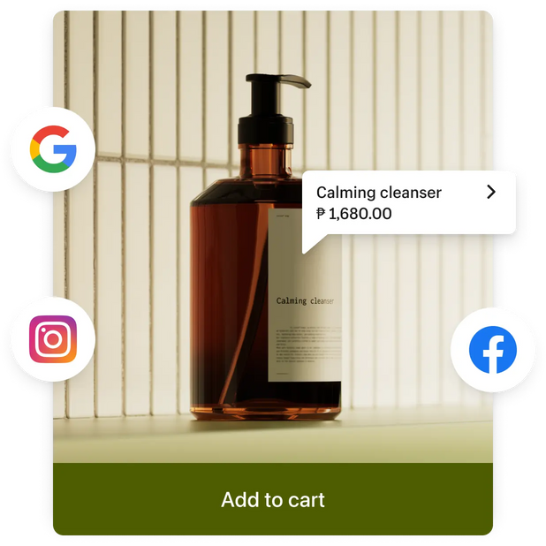 Close up on a skincare product on a shelf in a store. The product is framed by an online checkout screen and surrounded by logos for popular social media platforms indicating this product is for sale in store, online, and on social media.
